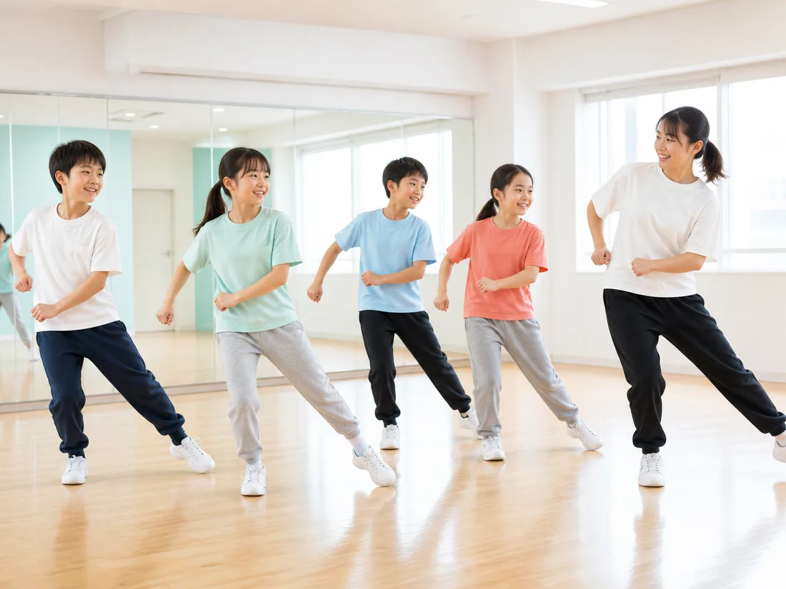 先生と少人数でステップを練習する子どもたち