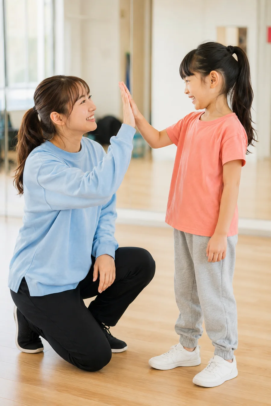 子どもと笑顔でハイタッチするMAYU先生